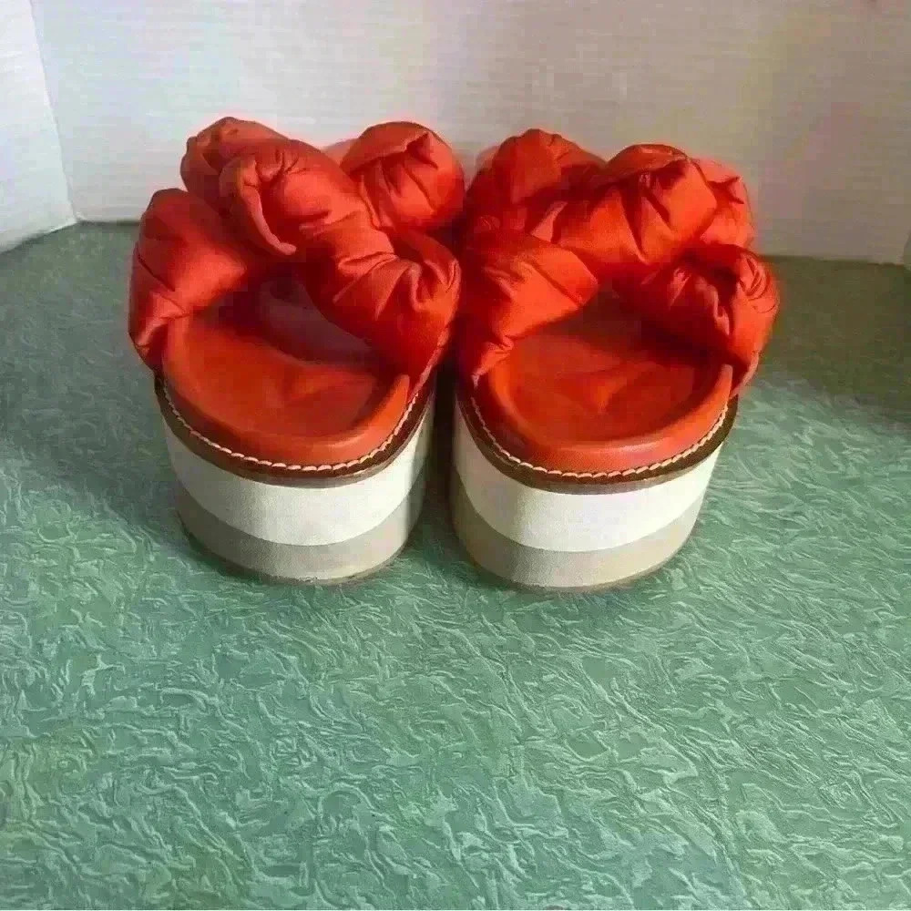 GANNI SATIN KNOTTED PLATFORM SANDAL SLIDE CROSSOVER STRAPS RED 38 $375 - Picture 2 of 7